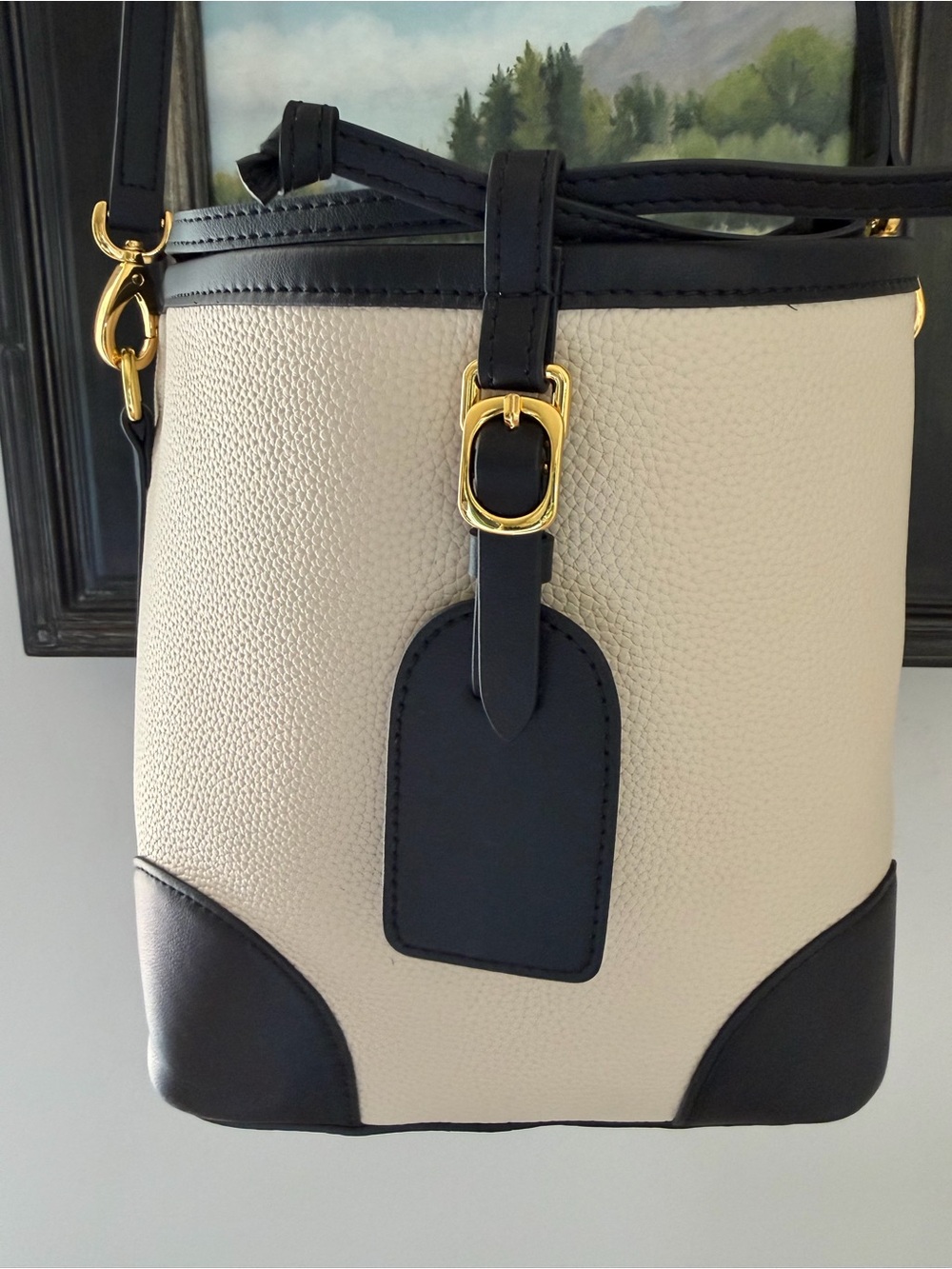 Cream and Black Pebbled Leather Crossbody Bucket Bag with Gold Accents